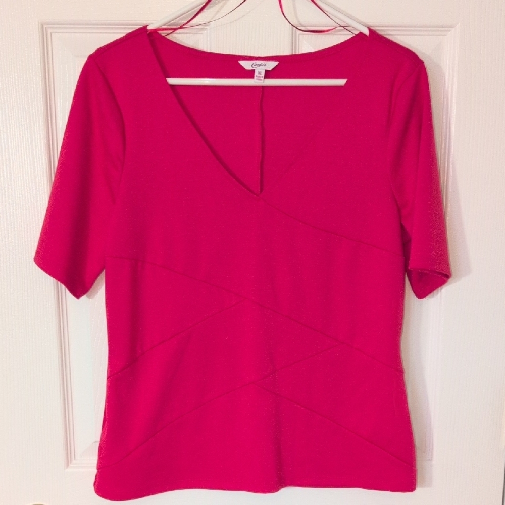 Candie's Vibrant Pink V-Neck Short Sleeve Top, XL